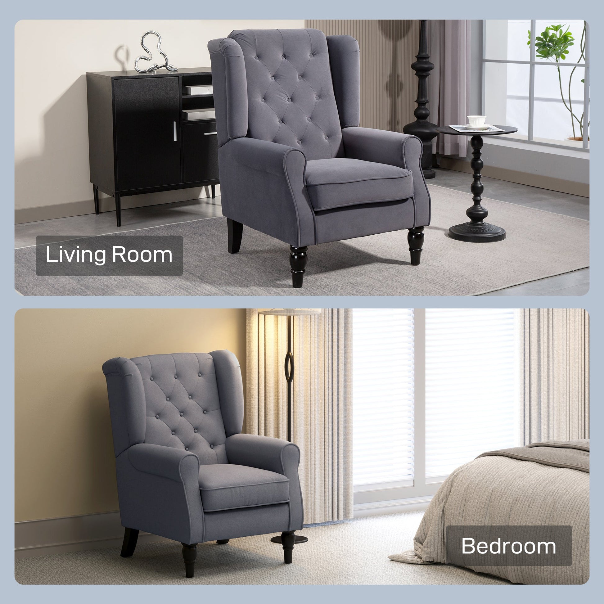 HOMCOM Wingback Accent Chair, Retro Upholstered Button Tufted Occasional Chair for Living Room and Bedroom, Charcoal Grey | Luxury Home Accessories | Heulog Glow