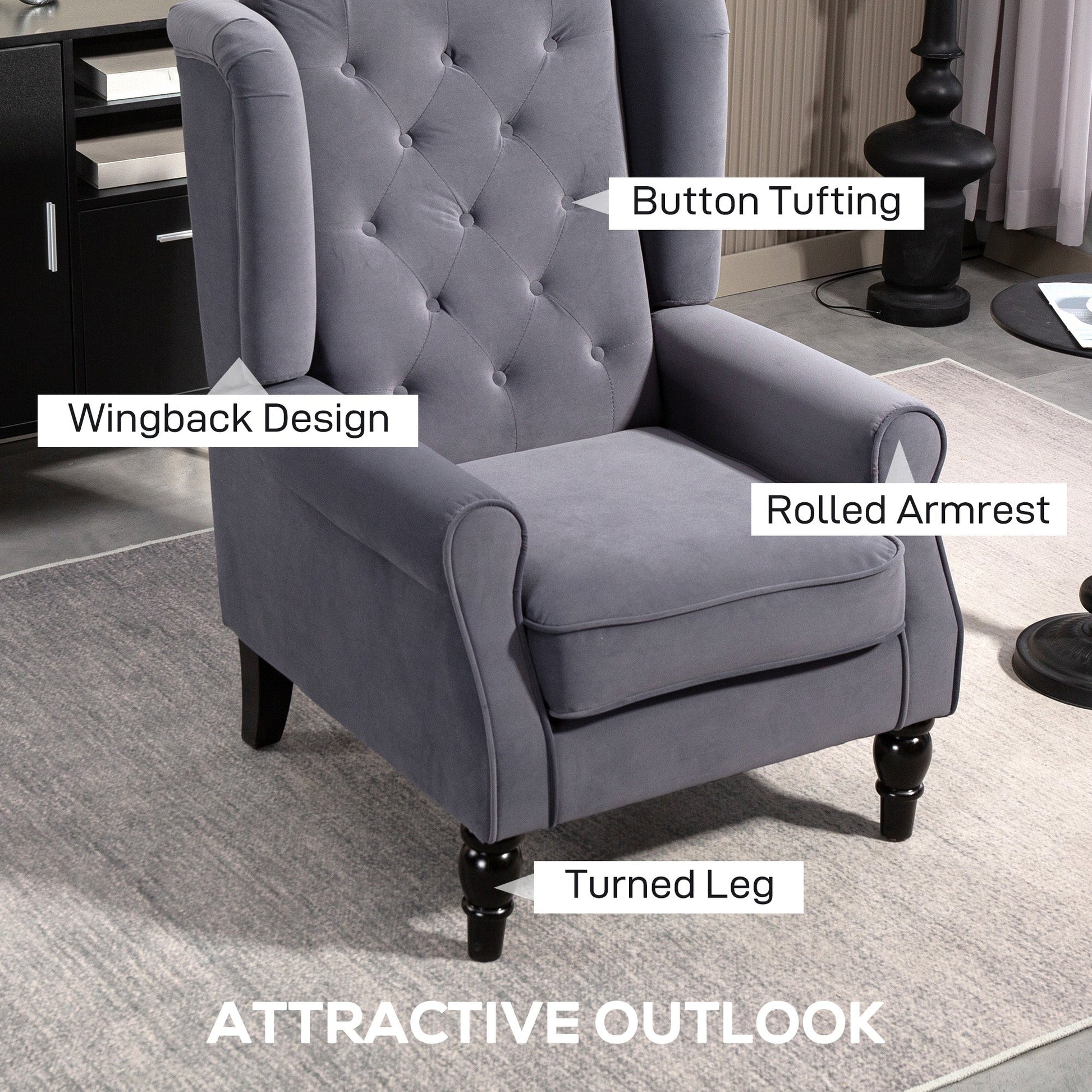 HOMCOM Wingback Accent Chair, Retro Upholstered Button Tufted Occasional Chair for Living Room and Bedroom, Charcoal Grey | Luxury Home Accessories | Heulog Glow