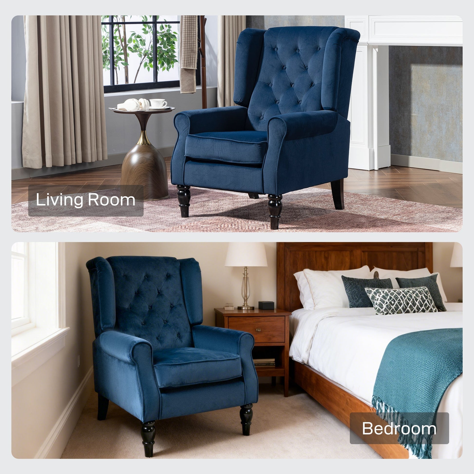 HOMCOM Wingback Accent Chair, Retro Upholstered Button Tufted Occasional Chair for Living Room and Bedroom, Dark Blue | Luxury Home Accessories | Heulog Glow