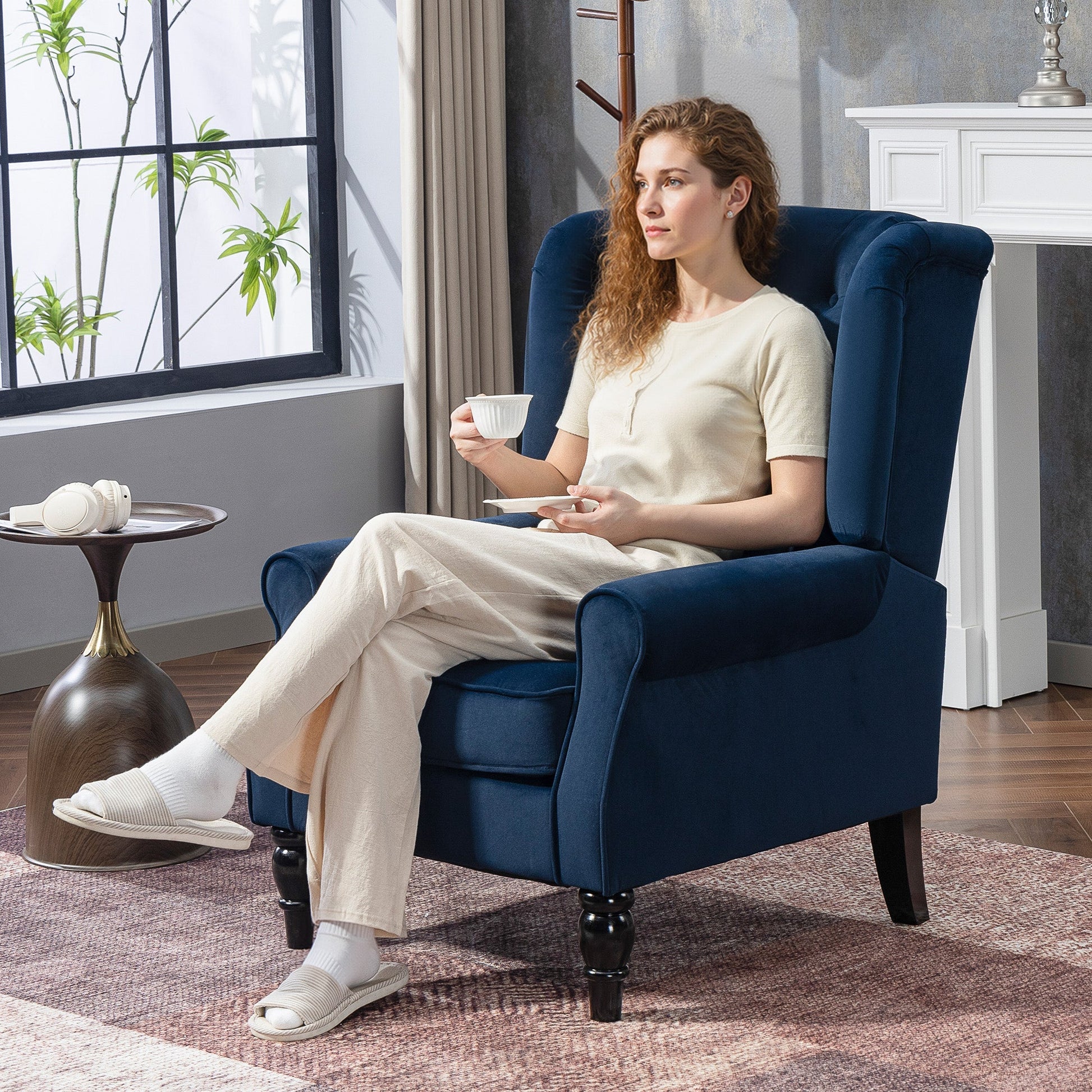 HOMCOM Wingback Accent Chair, Retro Upholstered Button Tufted Occasional Chair for Living Room and Bedroom, Dark Blue | Luxury Home Accessories | Heulog Glow