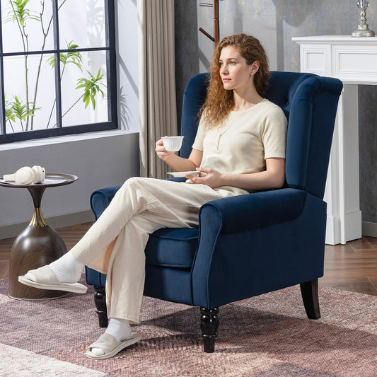 HOMCOM Wingback Accent Chair, Retro Upholstered Button Tufted Occasional Chair for Living Room and Bedroom, Dark Blue | Luxury Home Accessories | Heulog Glow