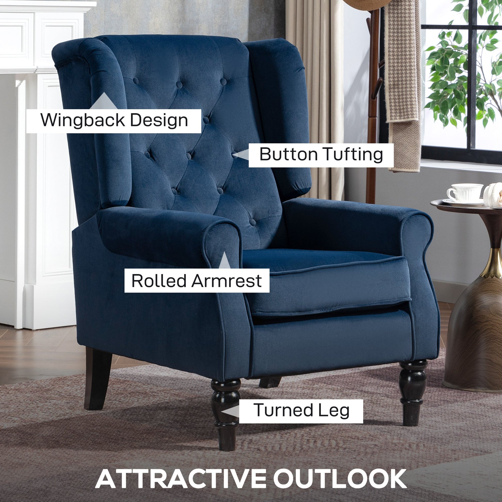 HOMCOM Wingback Accent Chair, Retro Upholstered Button Tufted Occasional Chair for Living Room and Bedroom, Dark Blue | Luxury Home Accessories | Heulog Glow