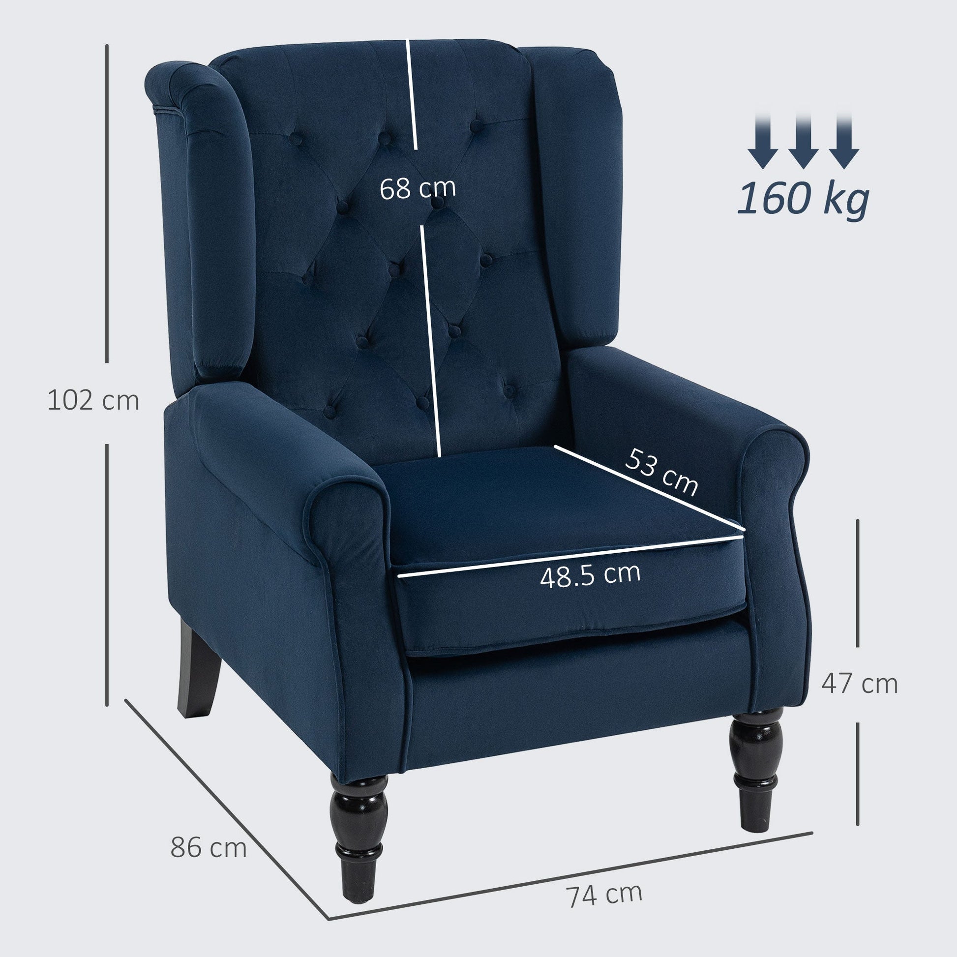 HOMCOM Wingback Accent Chair, Retro Upholstered Button Tufted Occasional Chair for Living Room and Bedroom, Dark Blue | Luxury Home Accessories | Heulog Glow