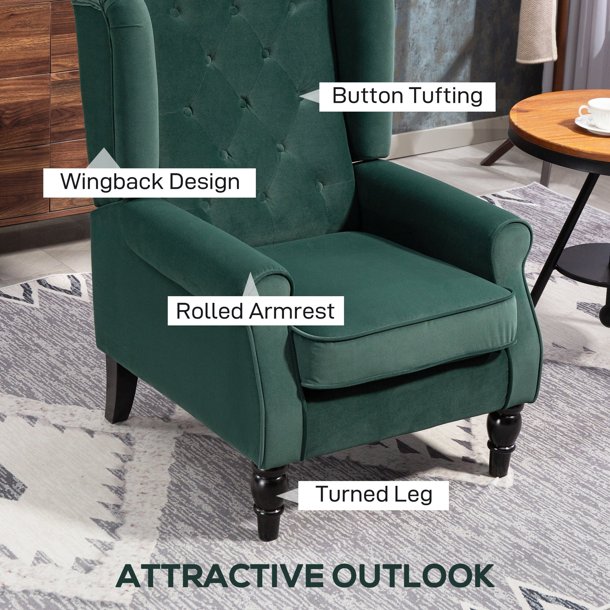 HOMCOM Wingback Accent Chair, Retro Upholstered Button Tufted Occasional Chair for Living Room and Bedroom, Green | Luxury Home Accessories | Heulog Glow
