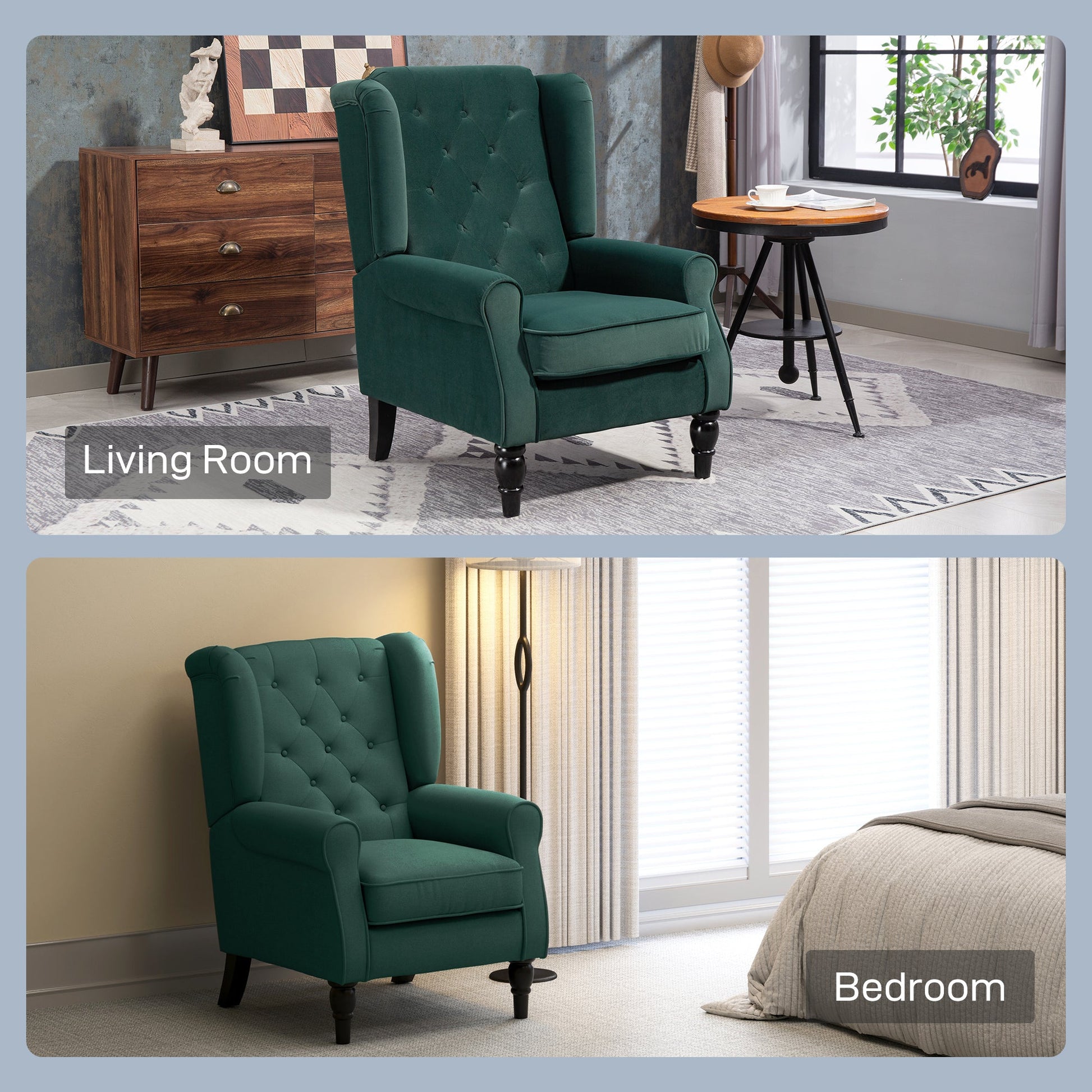 HOMCOM Wingback Accent Chair, Retro Upholstered Button Tufted Occasional Chair for Living Room and Bedroom, Green | Luxury Home Accessories | Heulog Glow