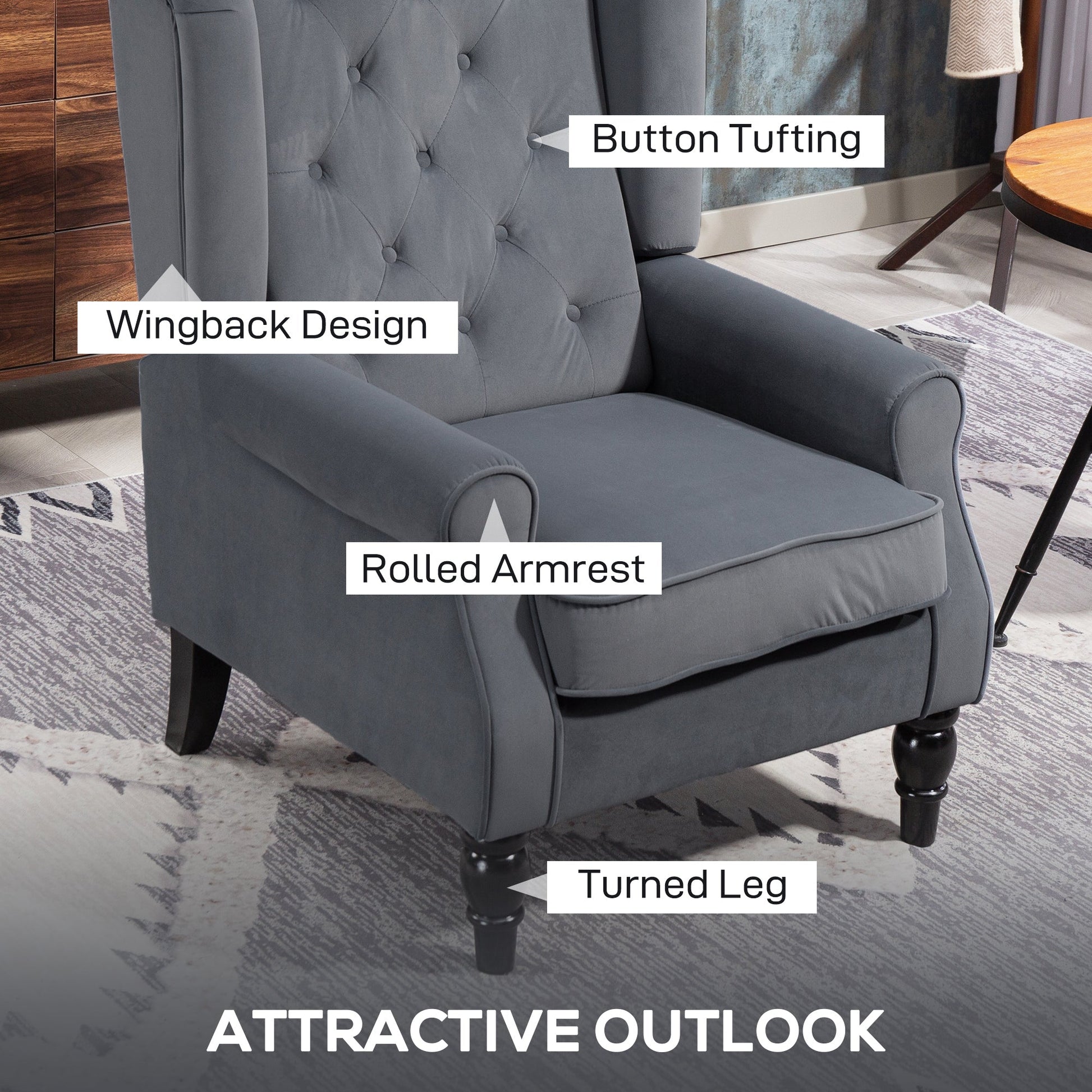 HOMCOM Wingback Accent Chair, Retro Upholstered Button Tufted Occasional Chair for Living Room and Bedroom, Grey | Luxury Home Accessories | Heulog Glow