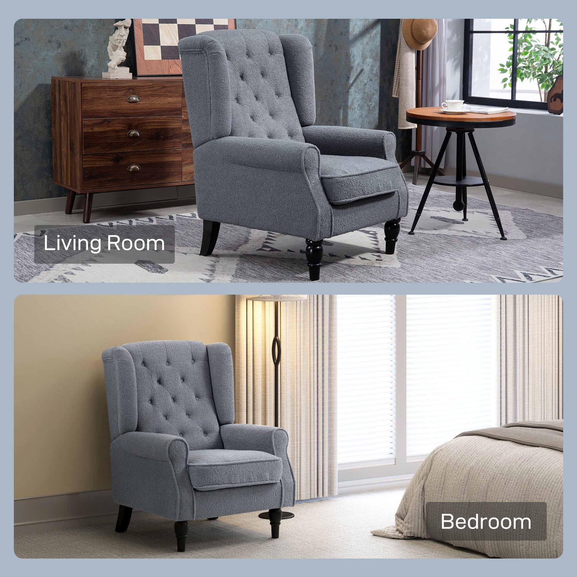 HOMCOM Wingback Accent Chair, Retro Upholstered Button Tufted Occasional Chair for Living Room and Bedroom, Grey | Luxury Home Accessories | Heulog Glow