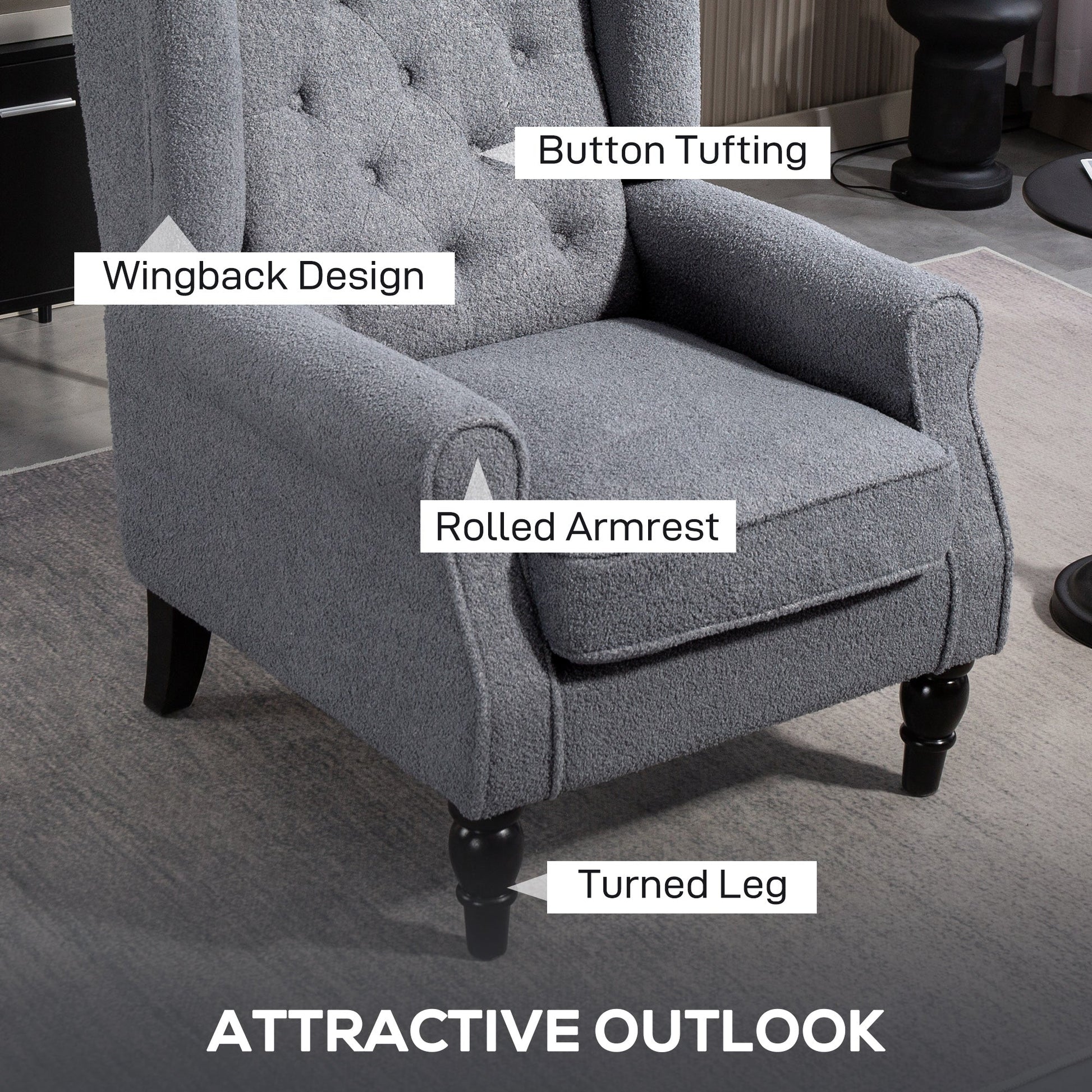 HOMCOM Wingback Accent Chair, Retro Upholstered Button Tufted Occasional Chair for Living Room and Bedroom, Grey | Luxury Home Accessories | Heulog Glow