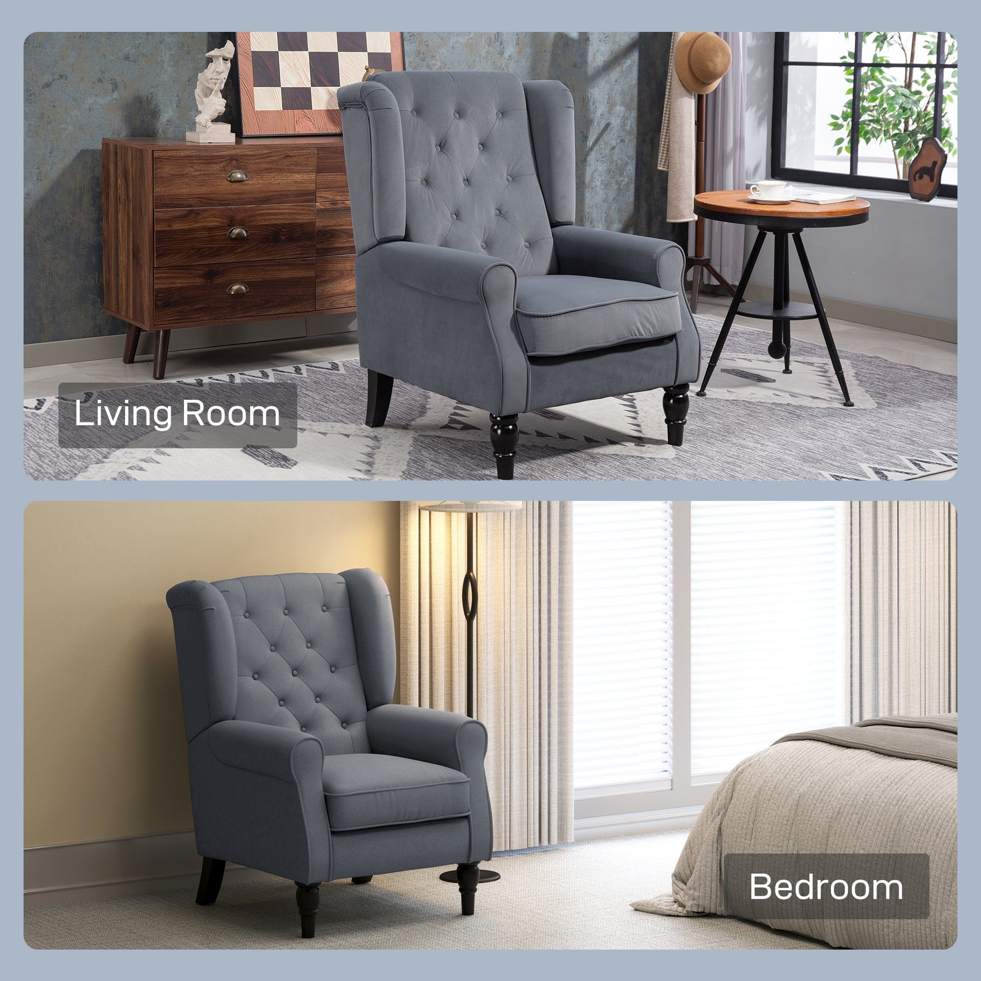 HOMCOM Wingback Accent Chair, Retro Upholstered Button Tufted Occasional Chair for Living Room and Bedroom, Grey | Luxury Home Accessories | Heulog Glow