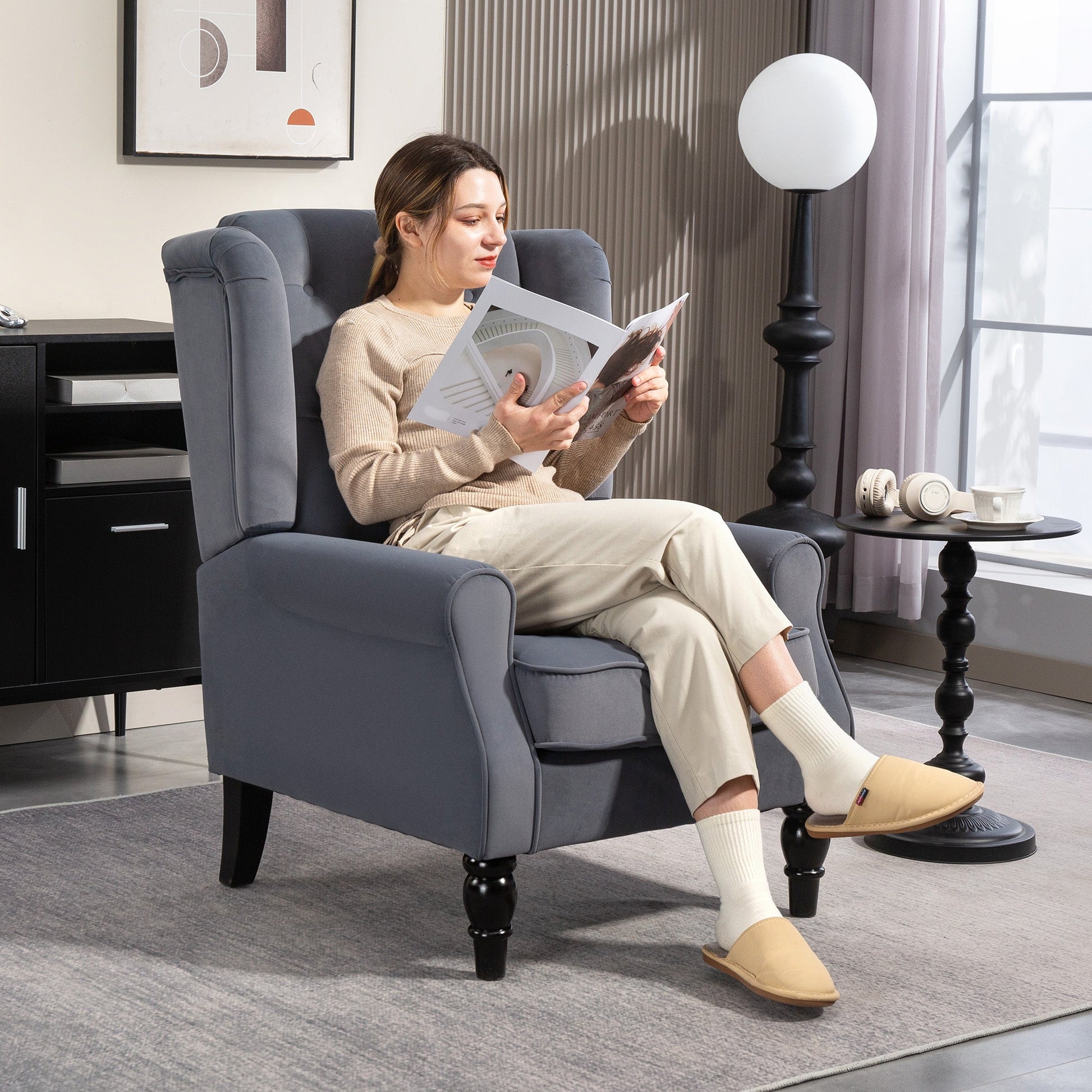 HOMCOM Wingback Accent Chair, Retro Upholstered Button Tufted Occasional Chair for Living Room and Bedroom, Grey | Luxury Home Accessories | Heulog Glow