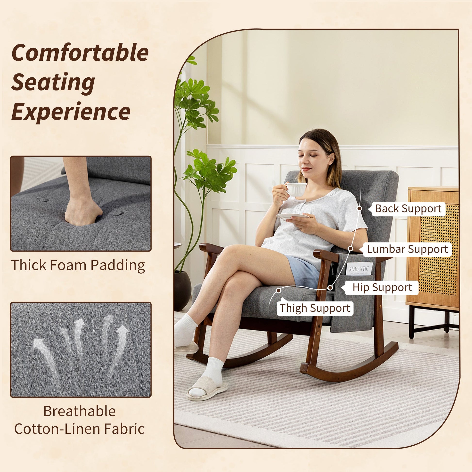 HOMCOM Wood Frame Rocking Accent Chair - Grey | Luxury Home Accessories | Heulog Glow