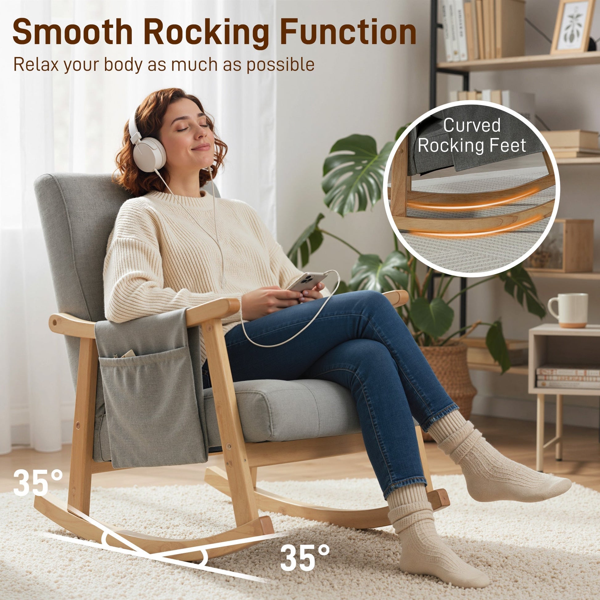 HOMCOM Wood Frame Rocking Accent Chair - Light Grey | Luxury Home Accessories | Heulog Glow