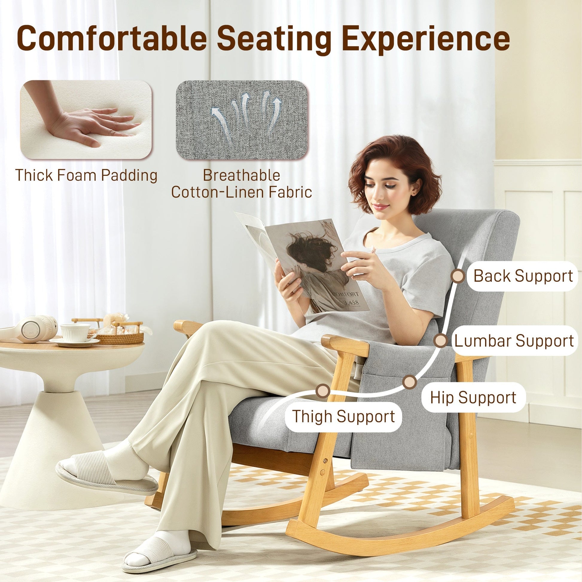 HOMCOM Wood Frame Rocking Accent Chair - Light Grey | Luxury Home Accessories | Heulog Glow