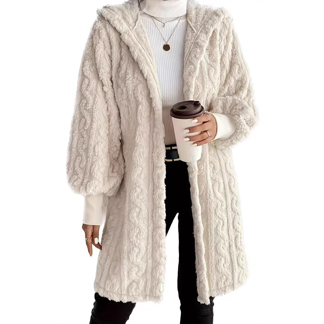 Hooded Double-sided Plush Cuff Thread Long Coat | Luxury Home Accessories | Heulog Glow