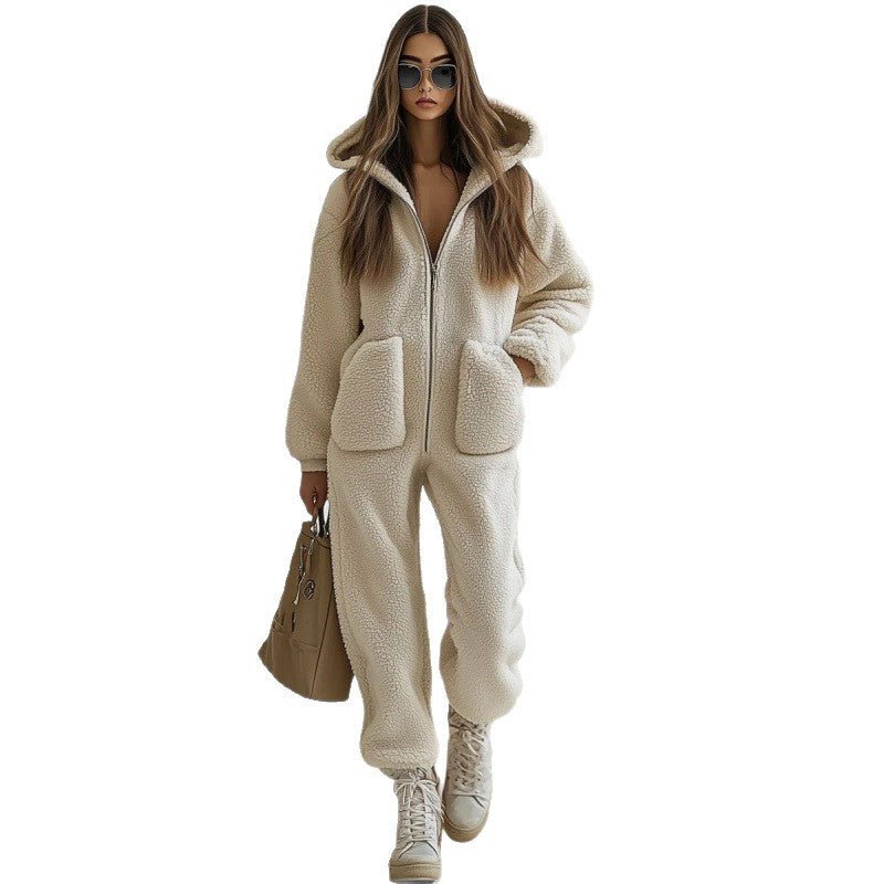 Hooded Pocket Trim Loose Straight Plush Jumpsuit | Luxury Home Accessories | Heulog Glow