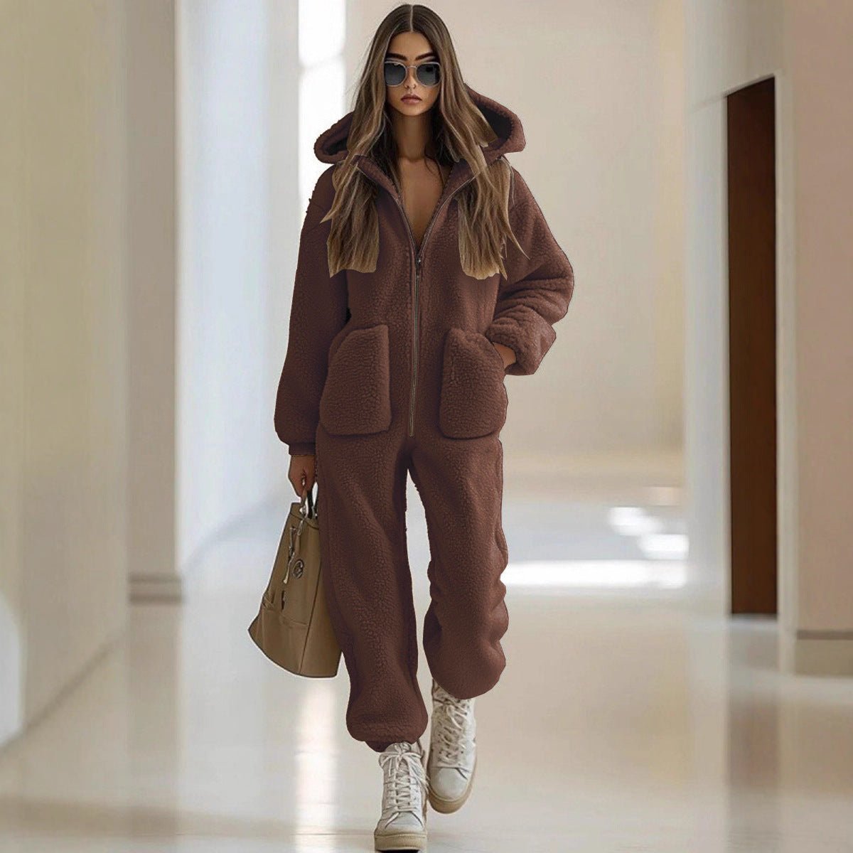 Hooded Pocket Trim Loose Straight Plush Jumpsuit | Luxury Home Accessories | Heulog Glow
