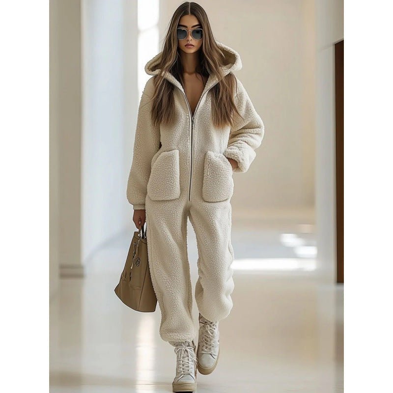 Hooded Pocket Trim Loose Straight Plush Jumpsuit | Luxury Home Accessories | Heulog Glow