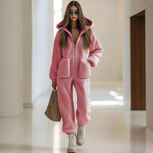 Hooded Pocket Trim Loose Straight Plush Jumpsuit | Luxury Home Accessories | Heulog Glow