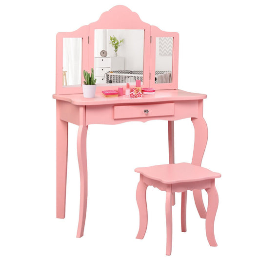 Kids Wooden Vanity Table and Stool Set with Detachable Top Folding Mirrors-Pink