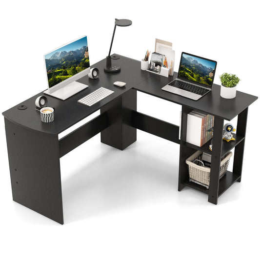 L-Shaped Computer Desk with  2-Tier Open Shelves