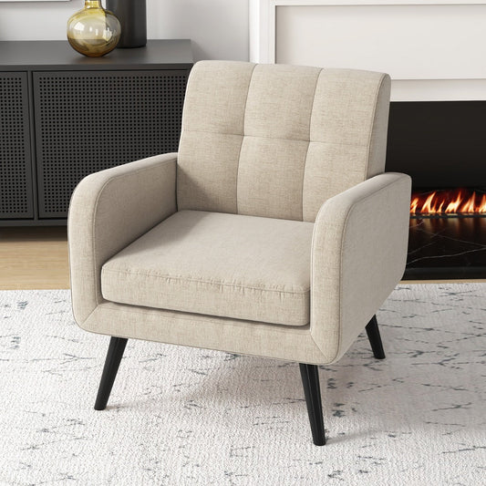 Mid-Century Modern Upholstered Accent Chair with Rubber Wood Legs-Beige