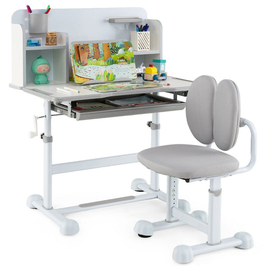 Kid's Study Desk and Chair Set with Tilt Desktop and Footrest Bar-Grey