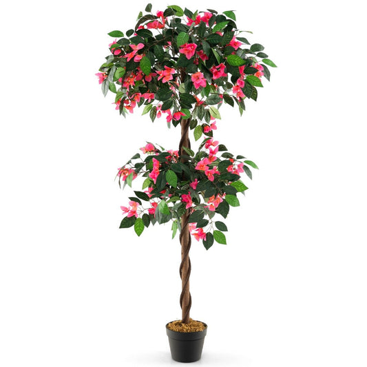 140 CM Artificial Bougainvillea Tree with 252 Flowers and 630 Leaves and Real Wood Trunk