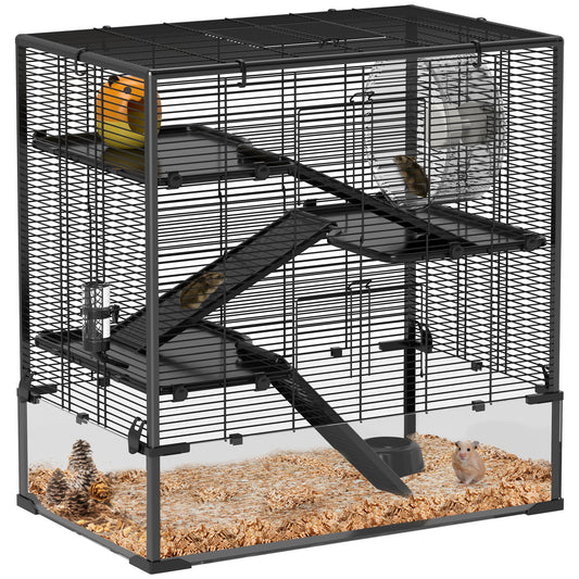 PawHut 4 Tiers Hamster Cage with Deep Tempered Glass Bottom, 60 x 40 x 80cm