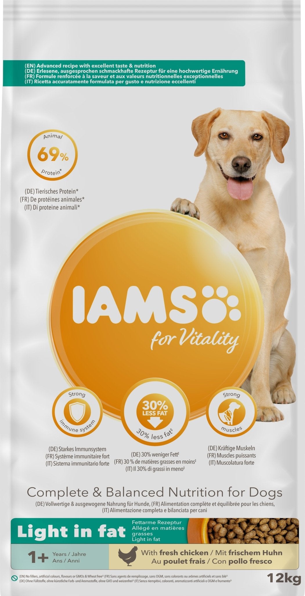 Iams Dog Adult Vitality Light in Fat Chicken 12kg | Luxury Home Accessories | Heulog Glow