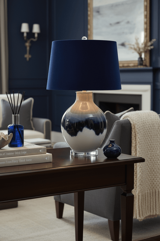 Ice Shadows Table Lamp With Navy Blue Lampshade | Luxury Home Accessories | Heulog Glow