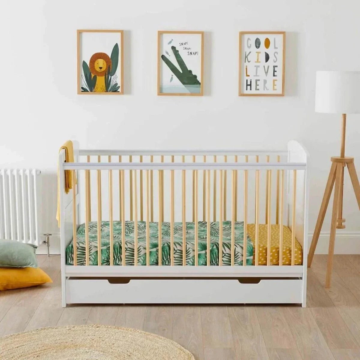 Ickle Bubba Coleby Scandi Cot Bed with Under Drawer Scandi White - Fibre Mattress | Luxury Home Accessories | Heulog Glow