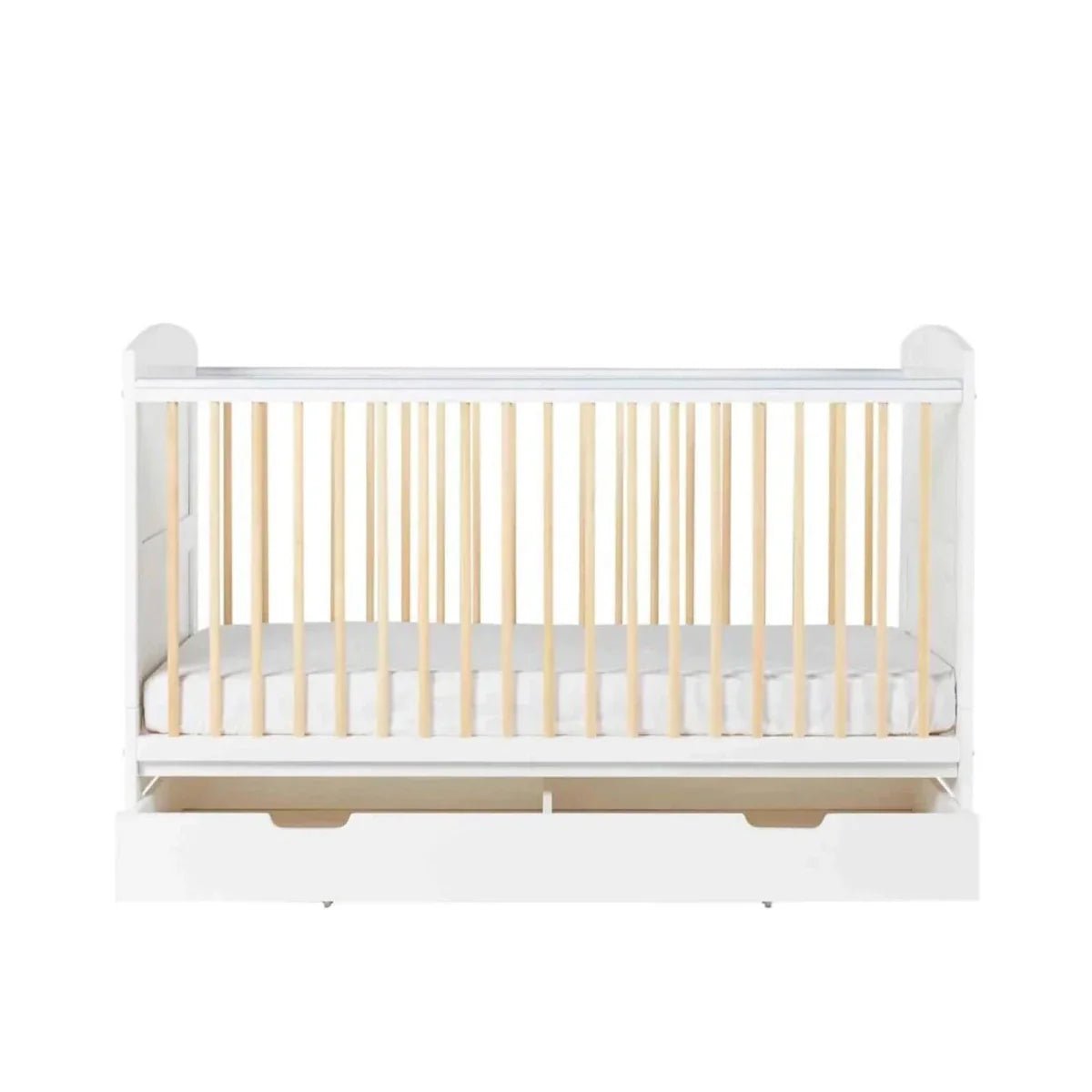 Ickle Bubba Coleby Scandi Cot Bed with Under Drawer Scandi White - Premium Sprung Mattress | Luxury Home Accessories | Heulog Glow