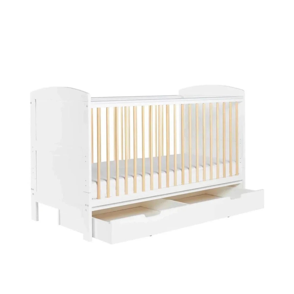 Ickle Bubba Coleby Scandi Cot Bed with Under Drawer Scandi White - Premium Sprung Mattress | Luxury Home Accessories | Heulog Glow