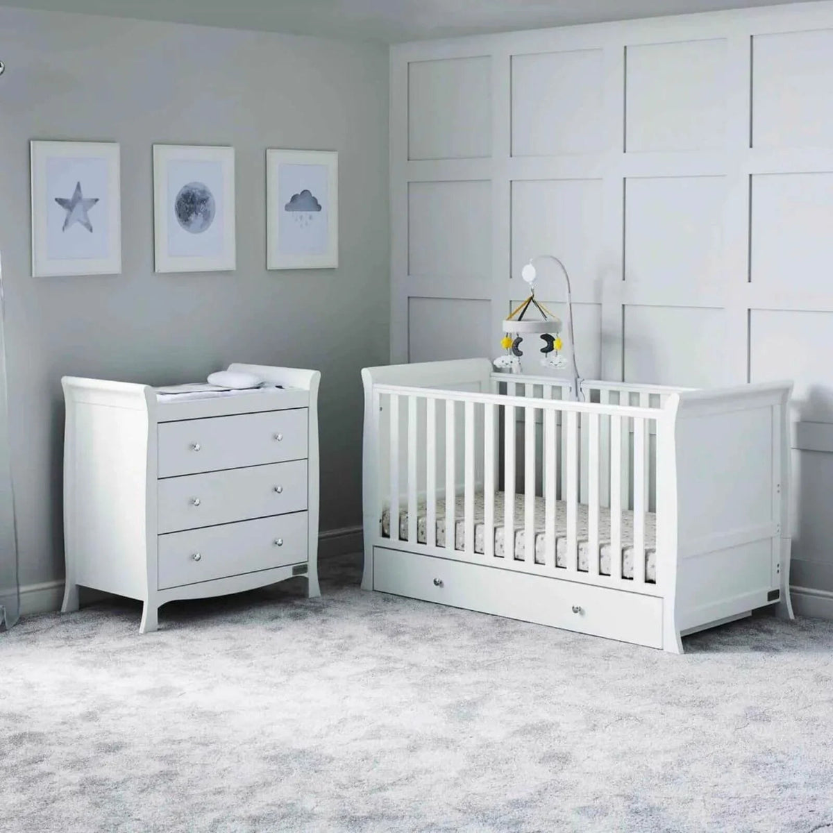 Ickle Bubba Snowdon Classic 2 Piece Furniture Set White - Premium Pocket Sprung Mattress | Luxury Home Accessories | Heulog Glow