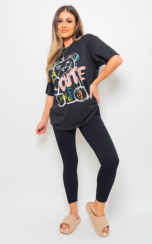 Cute Teddy Graphic Glitter Detail T-Shirt