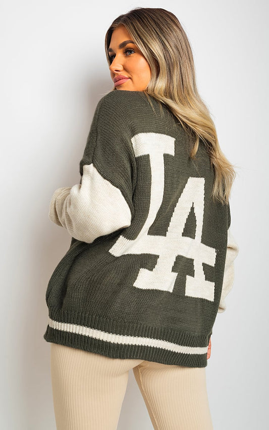 La Print Knitted Varsity Cardigan