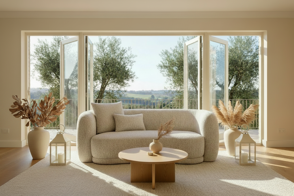 Sorelle Two Seater Sofa With Cushions - styled with floor vases and lanterns, patio view with olive trees and hills
