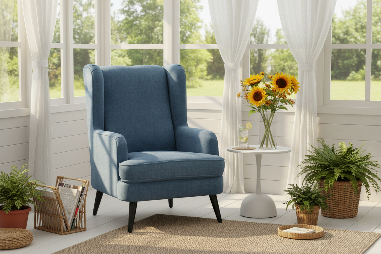 Vellis Wingback Armchair - styled in summerhouse with sunflowers