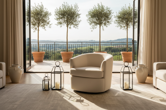 Sorelle Swivel Chair - lifestyle view with olive trees and hills