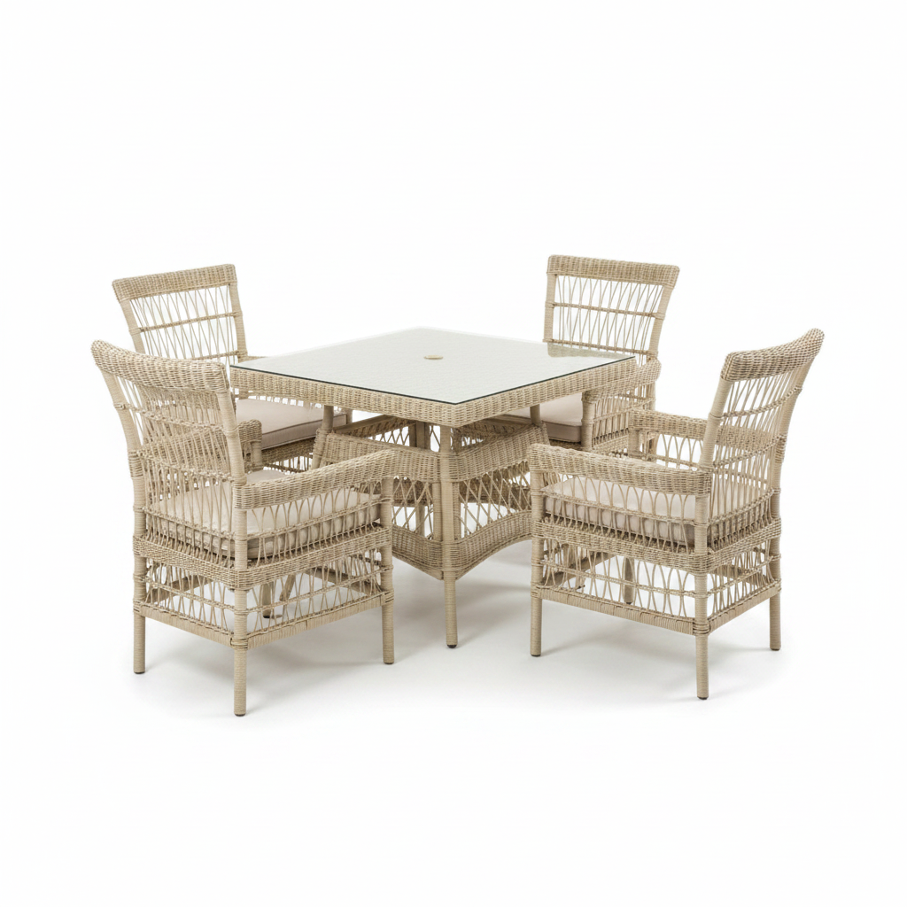 Provence Collection Outdoor 4 Seater Dining Set 45 degree angle on white background