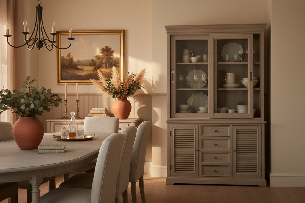 Delphine Collection Sliding Glass Dresser Top - styled in elegant dining room