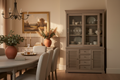 Delphine Collection Sliding Glass Dresser Top - styled in elegant dining room