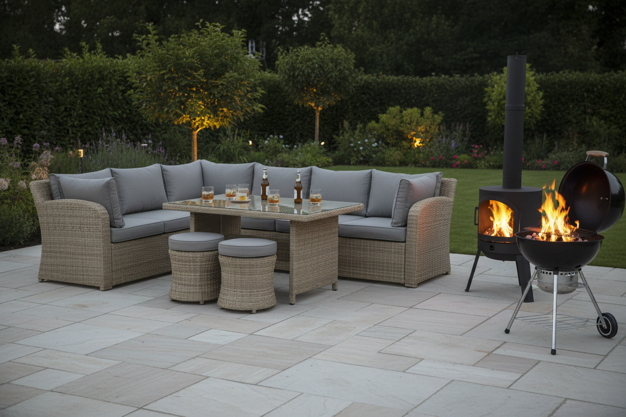 Amalfi Outdoor Large Corner Set beside BBQ and roaring outdoor fire stove