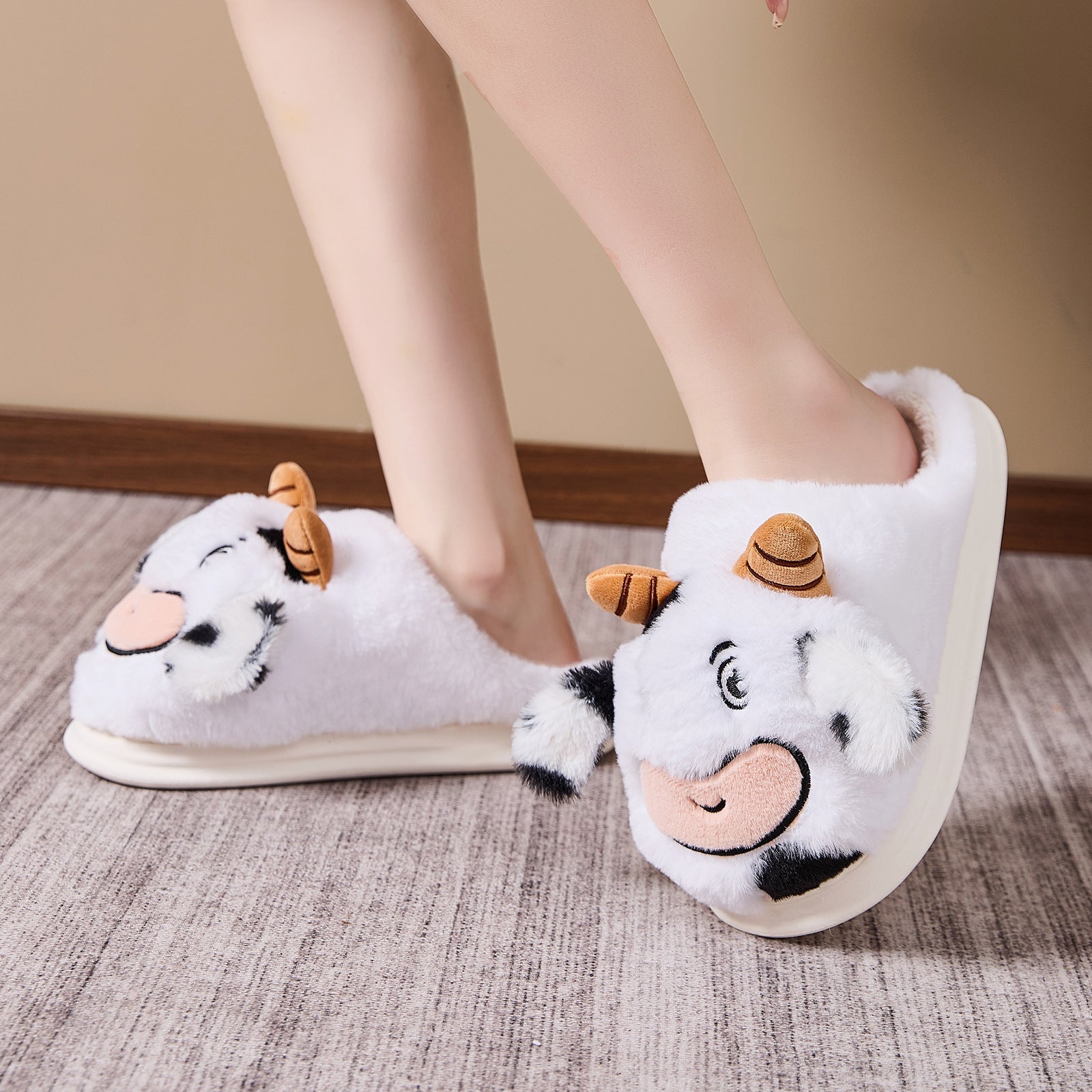 Indoor Platform Warm Cartoon Cow Fluffy Slippers | Luxury Home Accessories | Heulog Glow