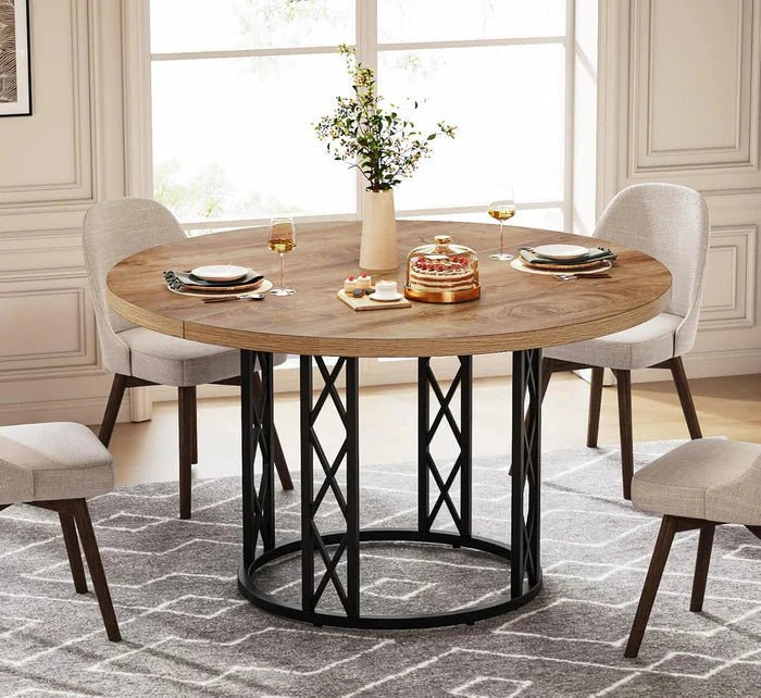 Industrial Round Dining Table - Rustic Wood Top with X-Frame Metal Pedestal | Luxury Home Accessories | Heulog Glow