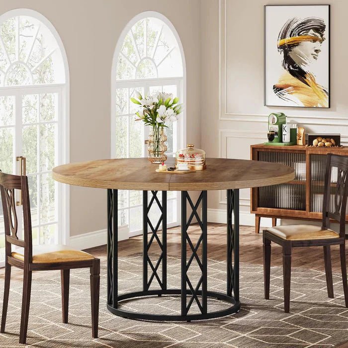 Industrial Round Dining Table - Rustic Wood Top with X-Frame Metal Pedestal | Luxury Home Accessories | Heulog Glow