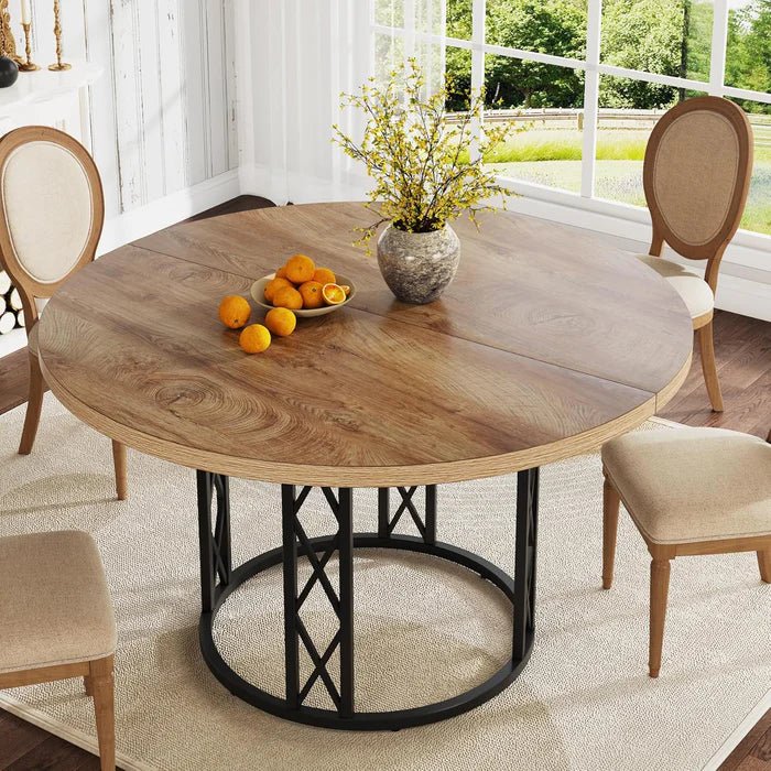 Industrial Round Dining Table - Rustic Wood Top with X-Frame Metal Pedestal | Luxury Home Accessories | Heulog Glow