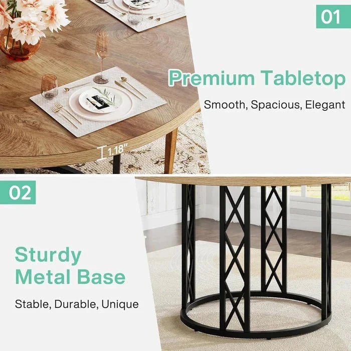 Industrial Round Dining Table - Rustic Wood Top with X-Frame Metal Pedestal | Luxury Home Accessories | Heulog Glow