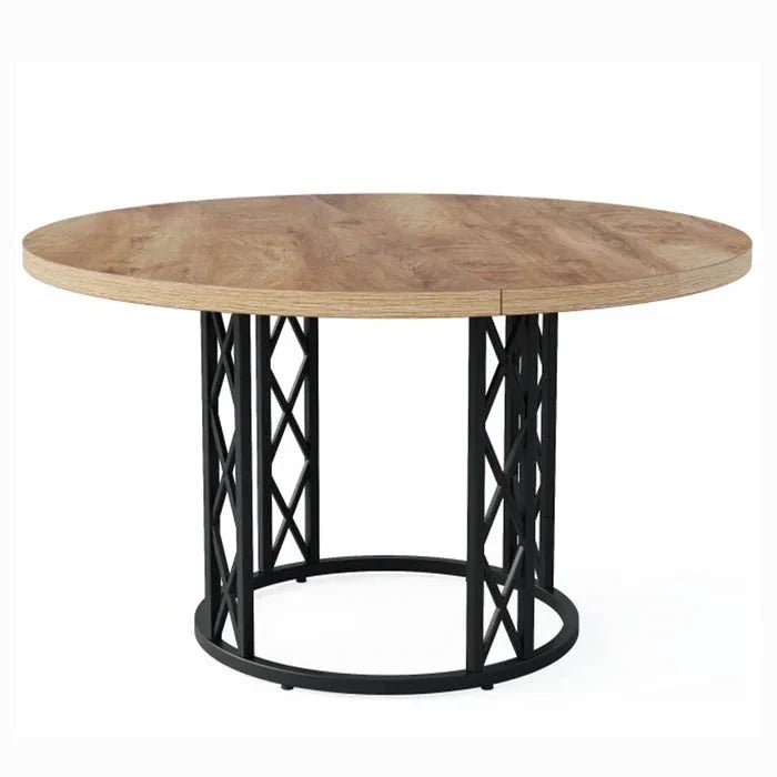 Industrial Round Dining Table - Rustic Wood Top with X-Frame Metal Pedestal | Luxury Home Accessories | Heulog Glow