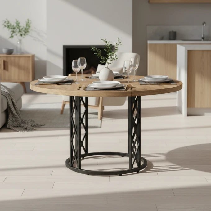 Industrial Round Dining Table - Rustic Wood Top with X-Frame Metal Pedestal | Luxury Home Accessories | Heulog Glow